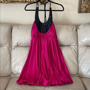 Nina Austin Silk Halter Fuchsia Dress with Black Sequins & Beads